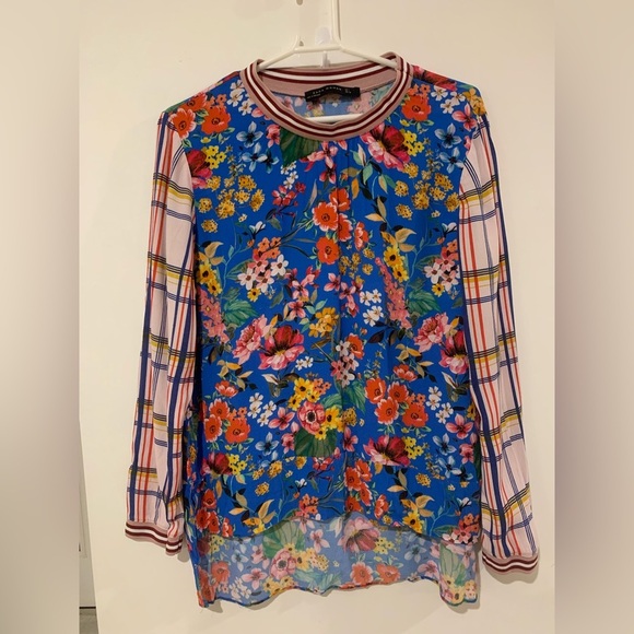 Zara Floral and Plaid Long Sleeve Top - Blue and Red - Picture 3 of 7